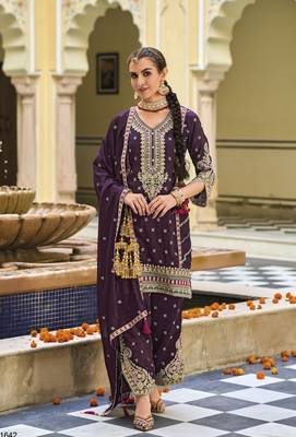 Purple  silk with embroidery work full stiched  suit set 1