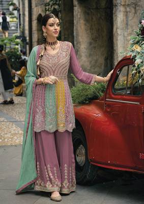 Purple chinon  embroidery work full stiched  suit set 1