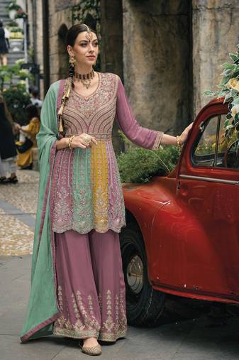 Purple chinon  embroidery work full stiched  suit set