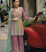 Purple chinon  embroidery work full stiched  suit set