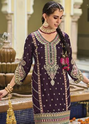 Purple  silk with embroidery work full stiched  suit set 2