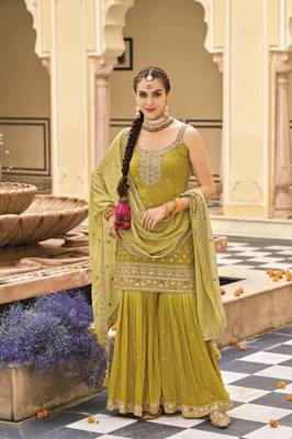 Gold chinon  embroidery work full stiched  suit set 1