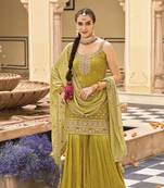 Gold chinon  embroidery work full stiched  suit set