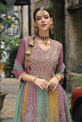 Purple chinon  embroidery work full stiched  suit set 2