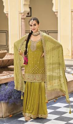 Gold chinon  embroidery work full stiched  suit set 2