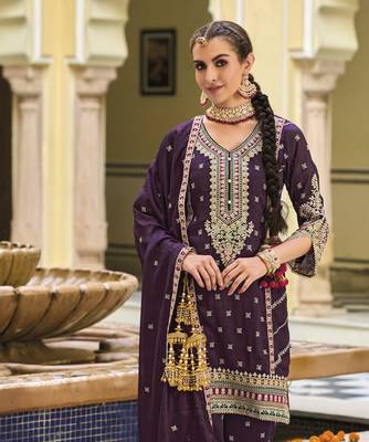 Purple  silk with embroidery work full stiched  suit set 3