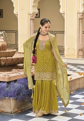 Gold chinon  embroidery work full stiched  suit set 3