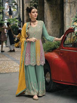 Green chinon  embroidery work full stiched  suit set 1