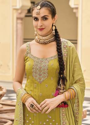 Gold chinon  embroidery work full stiched  suit set 4