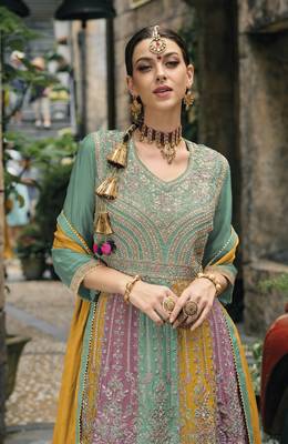 Green chinon  embroidery work full stiched  suit set 2