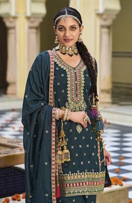 Black silk with embroidery work full stiched  suit set 3