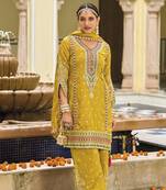Yellwo silk with embroidery work full stiched  suit set