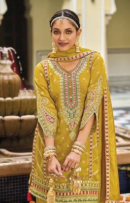 Yellwo silk with embroidery work full stiched  suit set 2