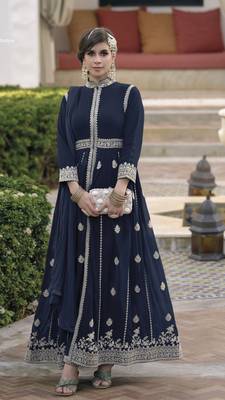 Navy blue  faux georgette with embroidery work full stiched  suit set 1
