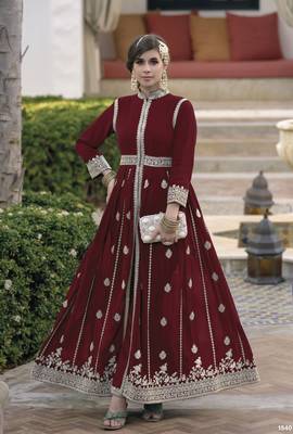 Maroon faux georgette with embroidery work full stiched  suit set 1