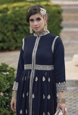 Navy blue  faux georgette with embroidery work full stiched  suit set 2