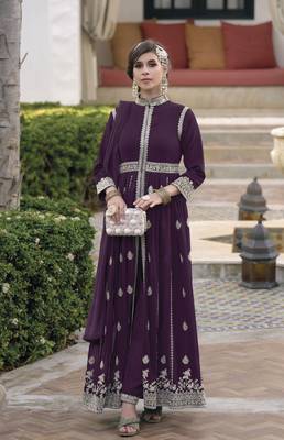 Purple faux georgette with embroidery work full stiched  suit set 1