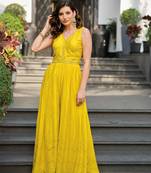 Yellow pure silk with mirror work full stitch fancy jump suit