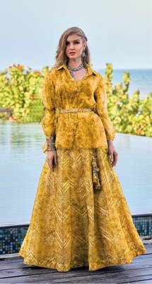 Yellow soft organza with embroidery work full stitch fancy shirt & skirt 2