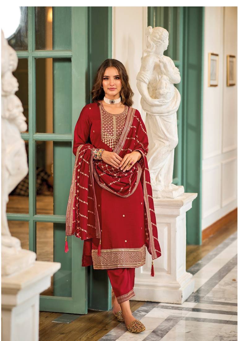 Red pure silk with mirror work full stitch fancy jump suit