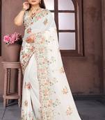 White resham embroidered georgette saree with blouse piece by manu fashion era