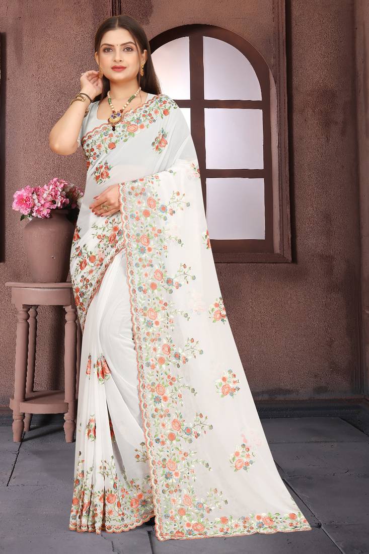 White resham embroidered georgette saree with blouse piece by manu fashion era