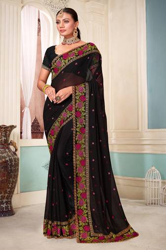 Women'S Black Resham Embroidered Georgette Saree With Blouse Piece By Manu Fashion Era