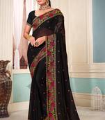 Women'S Black Resham Embroidered Georgette Saree With Blouse Piece By Manu Fashion Era