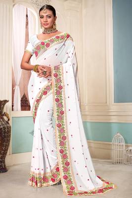 Women'S White Resham Embroidered Georgette Saree With Blouse Piece By Manu Fashion Era 1