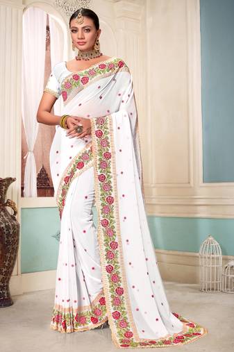 Women'S White Resham Embroidered Georgette Saree With Blouse Piece By Manu Fashion Era