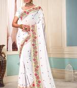 Women'S White Resham Embroidered Georgette Saree With Blouse Piece By Manu Fashion Era