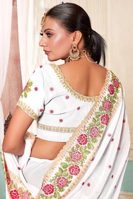 Women'S White Resham Embroidered Georgette Saree With Blouse Piece By Manu Fashion Era 2