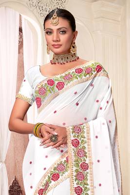 Women'S White Resham Embroidered Georgette Saree With Blouse Piece By Manu Fashion Era 3