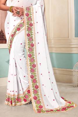 Women'S White Resham Embroidered Georgette Saree With Blouse Piece By Manu Fashion Era 4