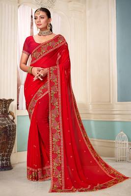 Women'S Red Resham Embroidered Georgette Saree With Blouse Piece By Manu Fashion Era 1
