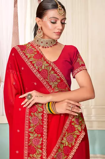Women'S Red Resham Embroidered Georgette Saree With Blouse Piece By Manu Fashion Era
