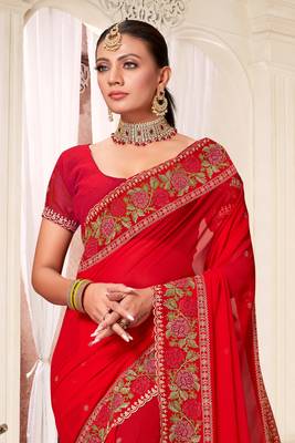 Women'S Red Resham Embroidered Georgette Saree With Blouse Piece By Manu Fashion Era 3