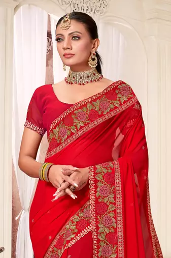 Women'S Red Resham Embroidered Georgette Saree With Blouse Piece By Manu Fashion Era