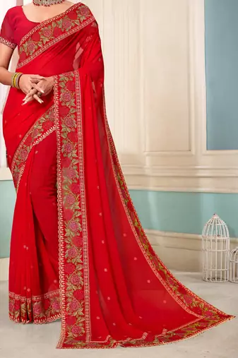 Women'S Red Resham Embroidered Georgette Saree With Blouse Piece By Manu Fashion Era