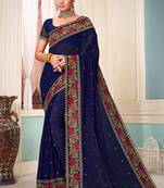 Women'S Navy Blue Resham Embroidered Georgette Saree With Blouse Piece By Manu Fashion Era