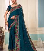 Women'S Teal Blue Resham Embroidered Georgette Saree With Blouse Piece By Manu Fashion Era
