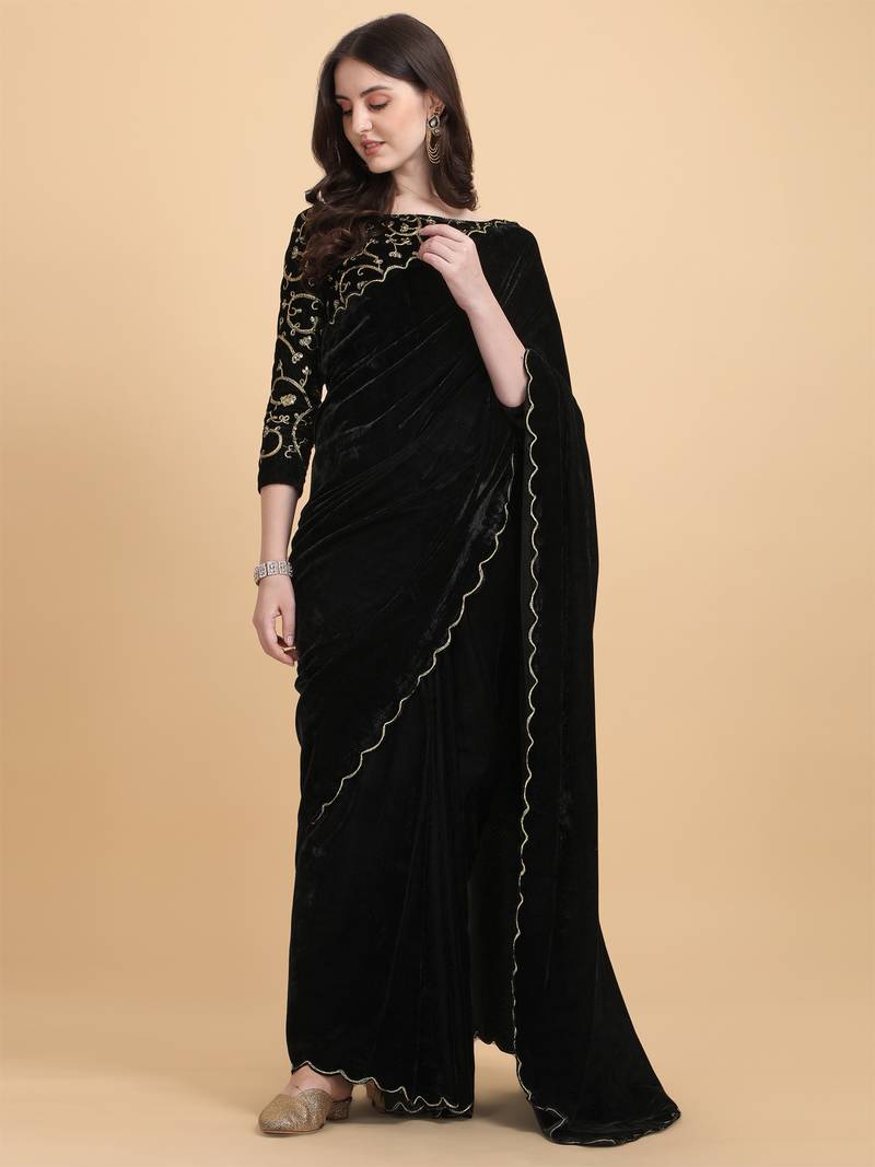 Embroidered Bollywood Black Velvet Saree