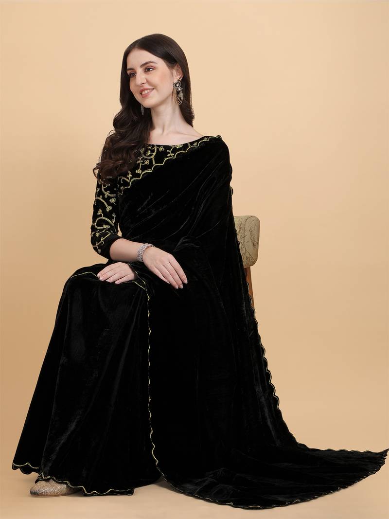 Embroidered Bollywood Black Velvet Saree