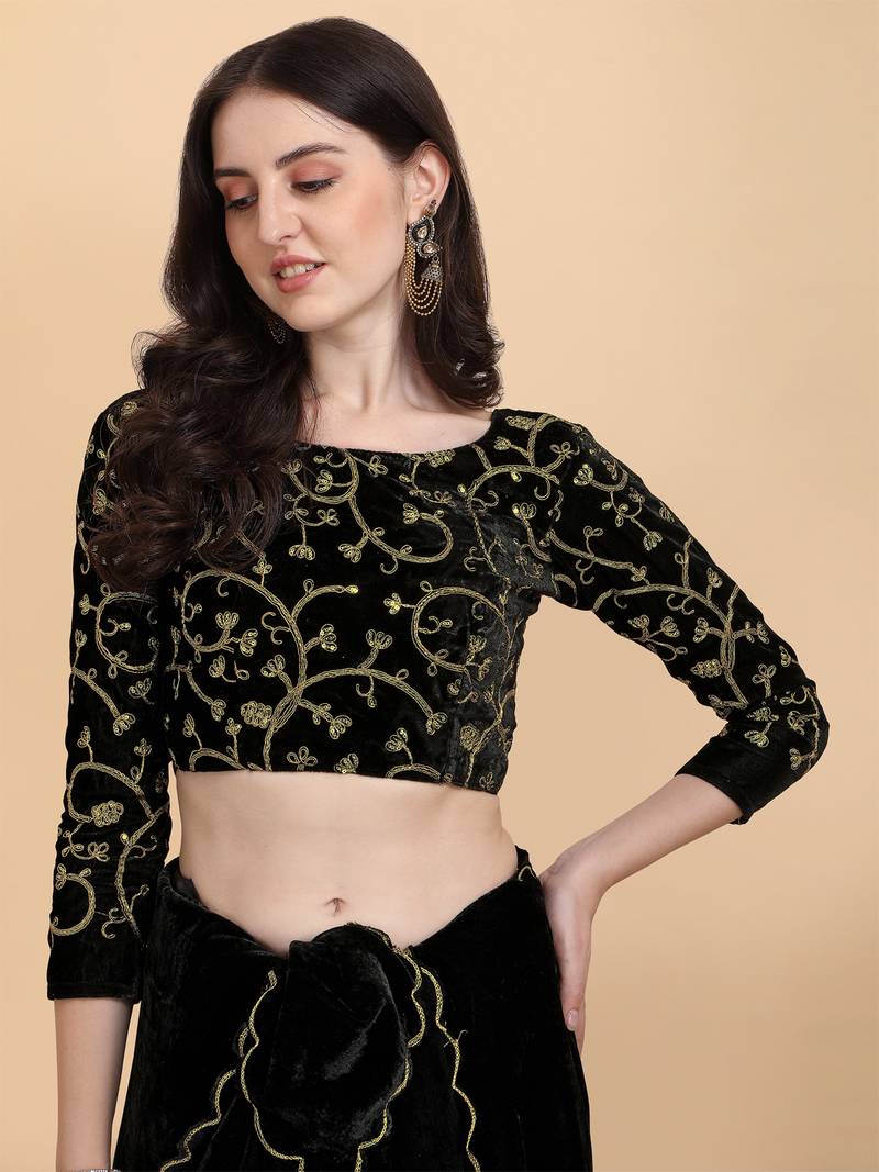 Embroidered Bollywood Black Velvet Saree