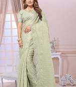 Pista  resham zarkan embroidery satin silk saree