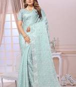 Sky blue  resham zarkan embroidery satin silk saree