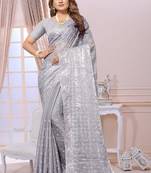 Grey resham zarkan embroidery satin silk saree