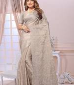 Beige resham zarkan sequence embroidery satin silk saree