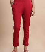 Hassu's women maroon cotton solid slim fit ankle length pants