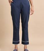 Hassu's women blue cotton solid regular fit ankle length pants